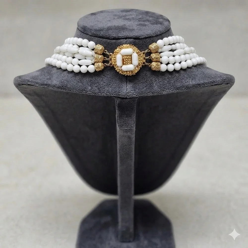Vintage Milk Glass Multi Strand Necklace White Beaded 5 Row‎ Statement Gold Tone